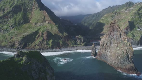 Aerial drone view of Janela Islets in Porto Moniz in Madeira