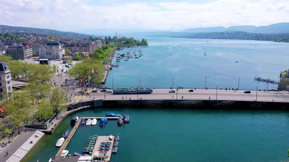 Lake zurich from above with tram crossing
