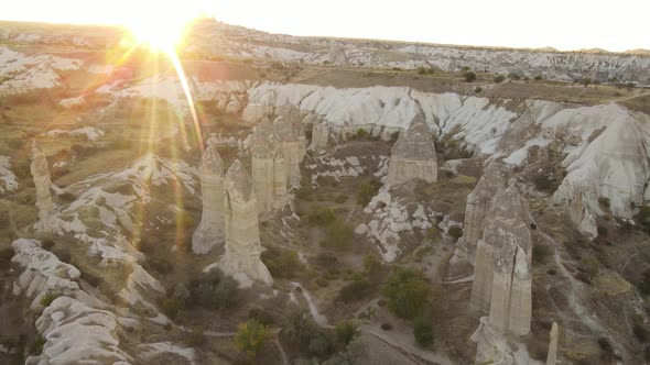 Sun Over Goreme. Cappadocia, Turkey. Aerial View