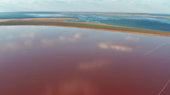 Beautiful top view of the salty, pink lake. Beautiful pink sunset.