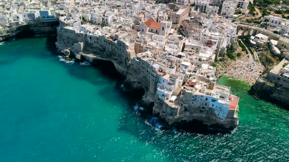 Aerial View Panorama of Town Polignano a Mare, Drone Shot