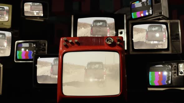 Pickup Truck on Dirt Road and Retro TVs.