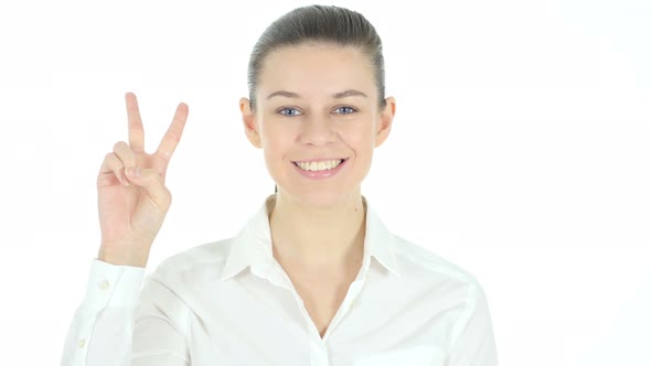 Victory Sign by Woman, White Background