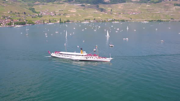 Aerial shot of Belle Epoque boat on lake Léman in front of Cully, Lavaux, SwitzerlandShot during sp