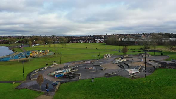 Aerial view of Hanley forest park, Central forest park, Hanley park, Plaza skatepark in Stoke on Tre