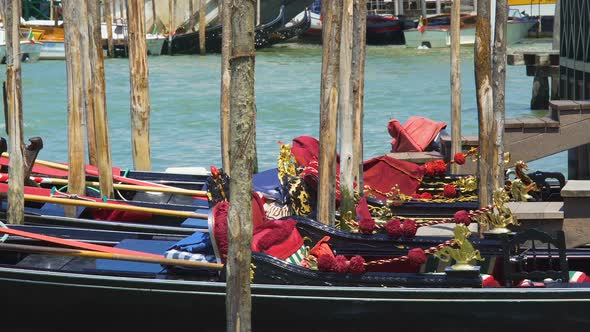 Decorated Gondolas Parked at Grand Canal, Traditional Water Transport in Venice