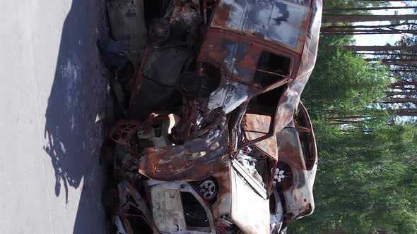 Vertical Video of Burned Cars During the War in Irpin Ukraine