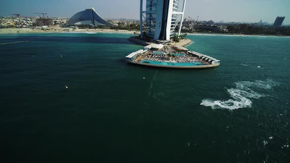 Aerial view of Burj Al Arab building, Dubai, United Arab Emirates.