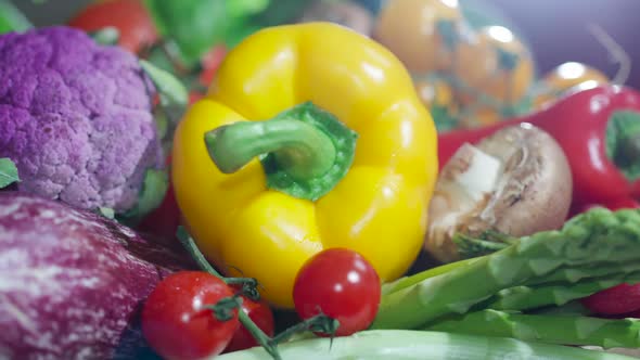 Bright, Fresh Organic Vegetables Close-up with Yellow Paprika in the Center.