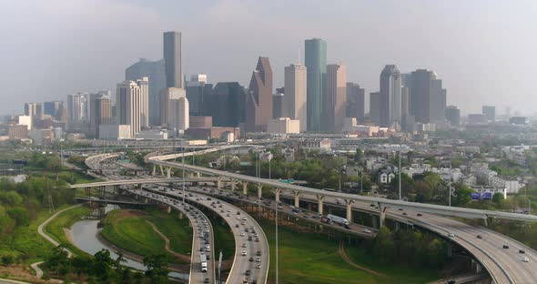 Aerial of cars on 45 North freeway near downtown Houston