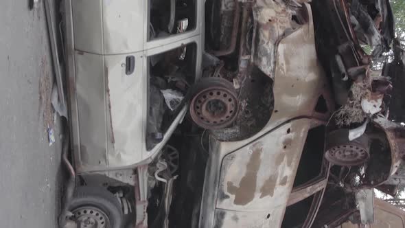 Vertical Video of a Dump of Destroyed Cars During the War in Ukraine