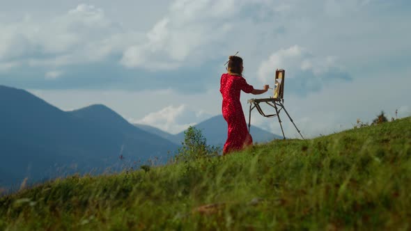 Creative Girl Painting Mountains Scenery Outdoors