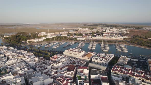 View of the city, marina and salt fields in Ayamonte, Spain