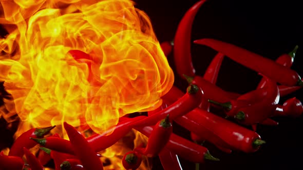 Super Slow Motion Shot of Red Chilli Peppers and Fire at 1000Fps