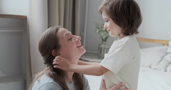 Close Up Mother Smiling Kissing Little Cute Son Feeling Love Tenderness Enjoying Motherhood