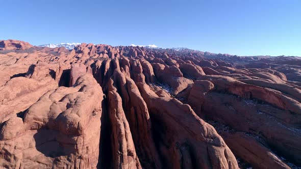 Aerial view flying over desert fins viewing the landscape in Moab Utah