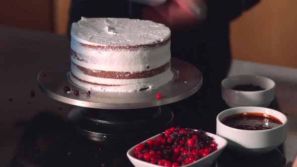 Making fruit and chocolate cake