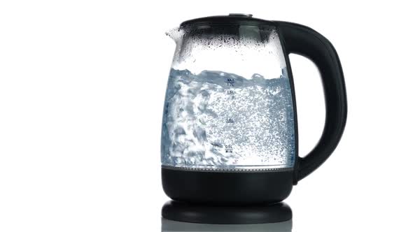 Boiling Water in Glass Kettle on White Background