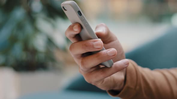 Closeup Male Hand Unrecognizable Man Holding Phone Young Guy Reading News Looking Information Using