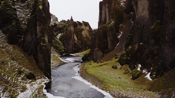 Drone Flight Over Fjaora In Fjaorargljufur Canyon