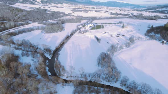 aerial view of sunny winter snow landscape in tatra national park slovakia, fresh white snow ski res