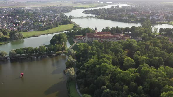 Flying Over the Nesvizh Castle, the Park Around the Castle and the Lake, Aerial Video of Nesvizh