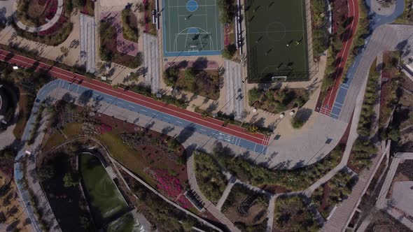 Top down drone view of a sports and skate park in Mexico City