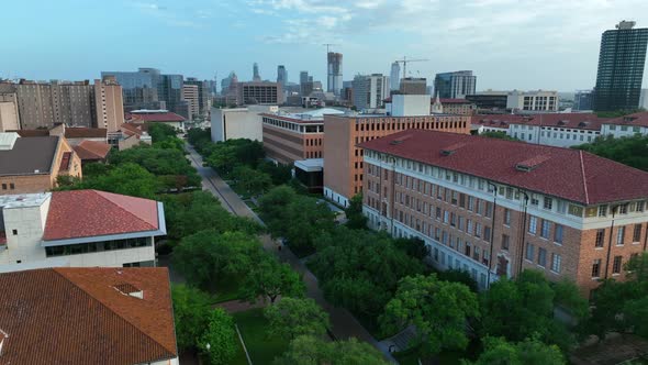 UT Austin campus. University of Texas academic buildings and college student dorms. Aerial of main c