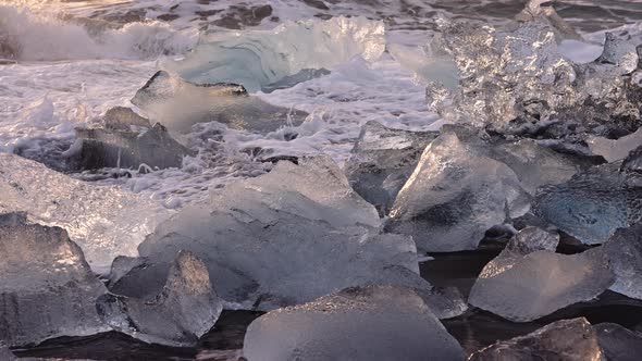 Surf Over Ice on Diamond Beach Near Glacier Lagoon of Iceland