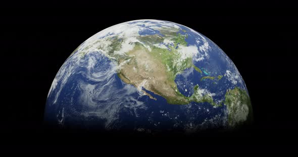 Planet earth from space in front view. Realistic world globe spinning slowly animation. Camera over