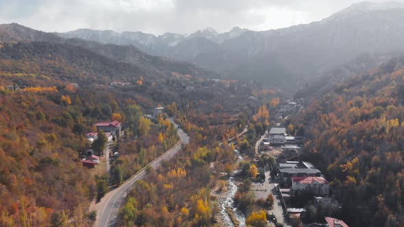 Aerial View of Mountain River Landscape of Autumn Forest