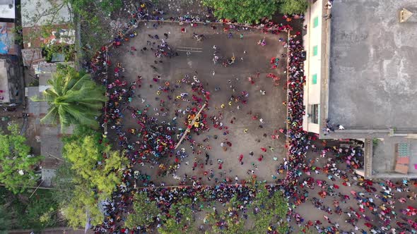 Aerial view of people celebrating Rash Mela, Sylhet province, Bangladesh.