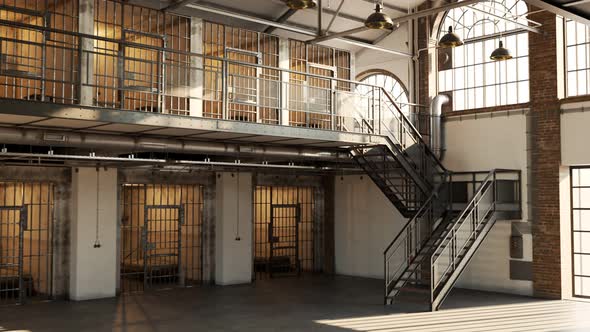 Interior of the modern prison. Hallway with two floors and rows of cells.