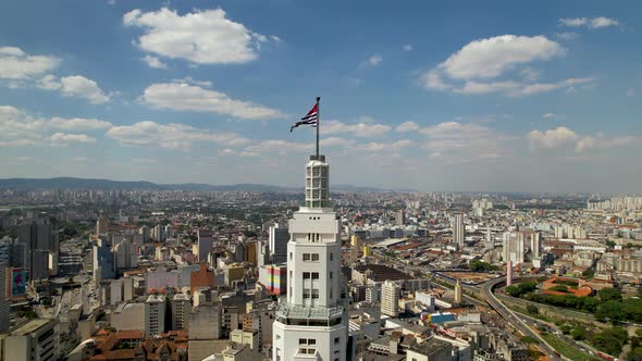 Panorama aerial view of downtown Sao Paulo Brazil. Traffic at famous avenue