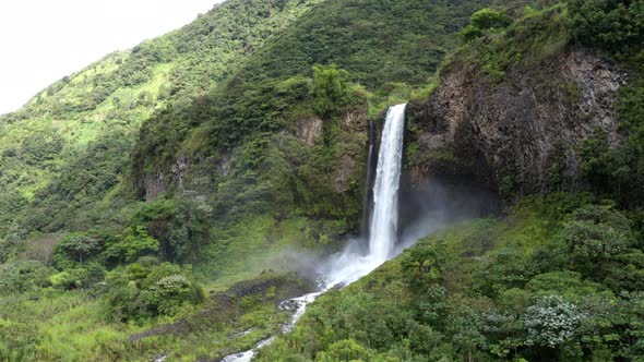 Still video and panning shot of a large waterfall near Banos, Ecuador