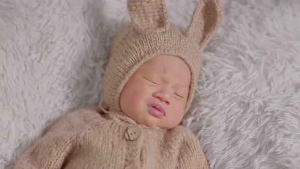 happy newborn baby weaing cute rabbit costume lying sleep on grey carpet