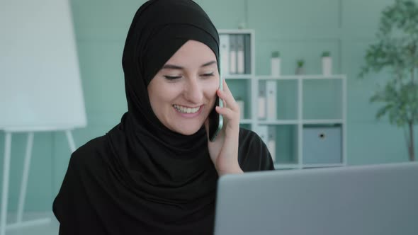 Portrait Smiling Arabian Muslim Islamic Business Woman in Black Hijab Professional Smiling Happy