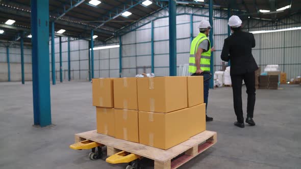 Factory Workers Deliver Boxes Package on a Pushing Trolley in the Warehouse