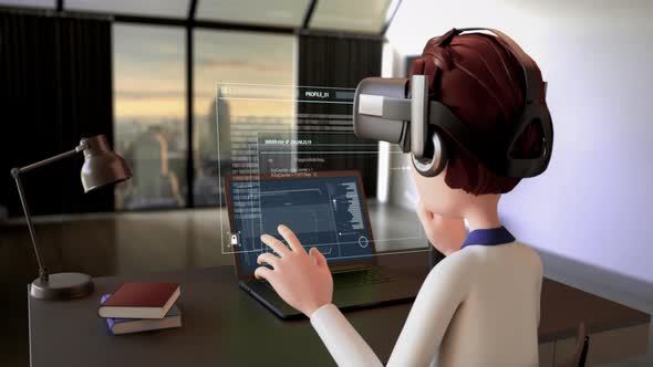 The man got information analysis hologram with virtual reality technology in office.