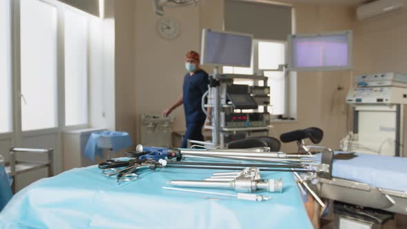 Closeup of Surgical Instruments Arranged on Table in Operating Room