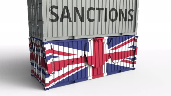Container with SANCTIONS Text Breaks Container with Flag of the UK alt