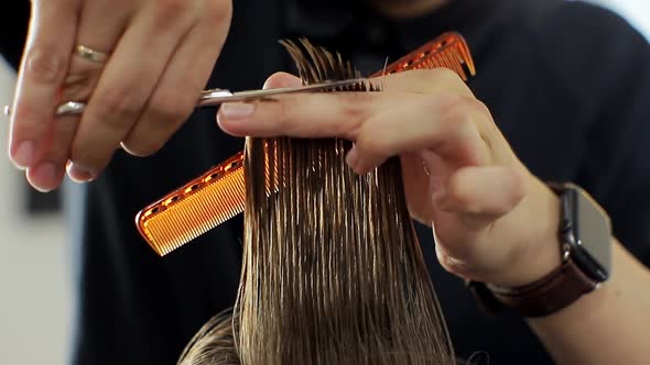 Hairdresser Trimming Brown Hair with Scissors. Professional Stylist Cutting Woman's Hair in Salon