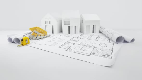 House construction plan concept. Tools for building work. Architectural model houses, yellow hard ha