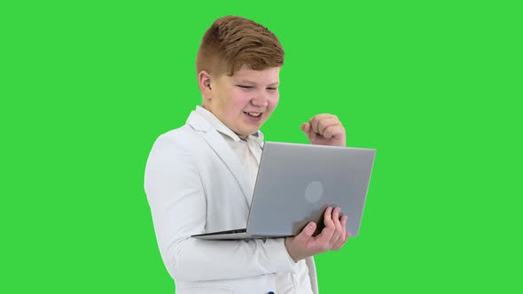 Cool Boy White Suit Standing Using Laptop Making Win Gesture Green Screen Chroma Key