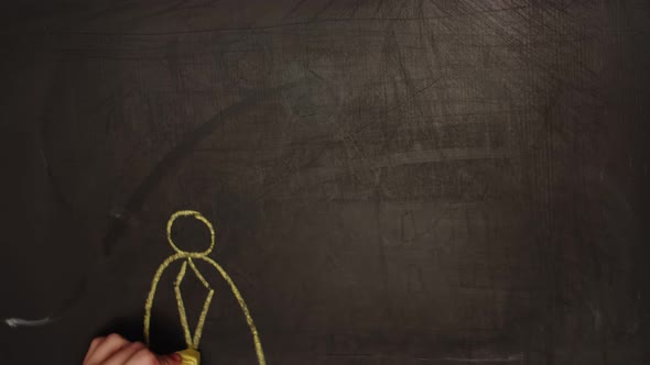 Human Hand Draws on Blackboard with Chalk Two Doodle Men Leading Dialog Each Other