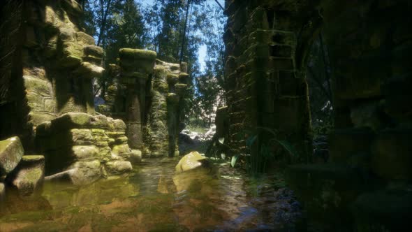 Stone Ruins in a Forest Abandoned Ancient Castle
