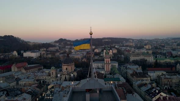 Aerial View of Ukrainian Lviv City Beautiful Old European Architecture