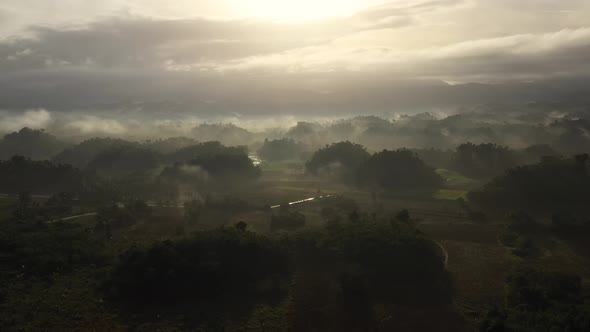 Tropical Landscape with Farmland and Green Hills Aerial View