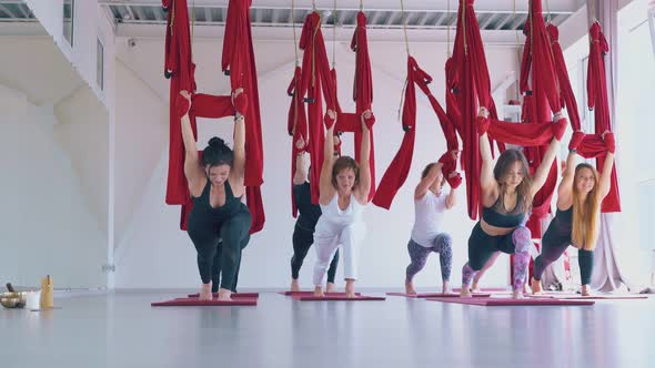 Sporty Women Group Practices Aerial Fly Yoga Warrior Asana