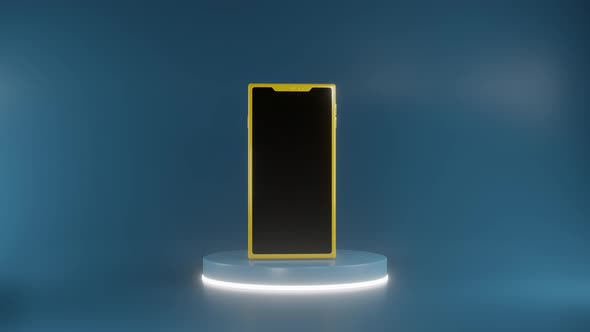 Smartphone spinning on glowing podium. alt